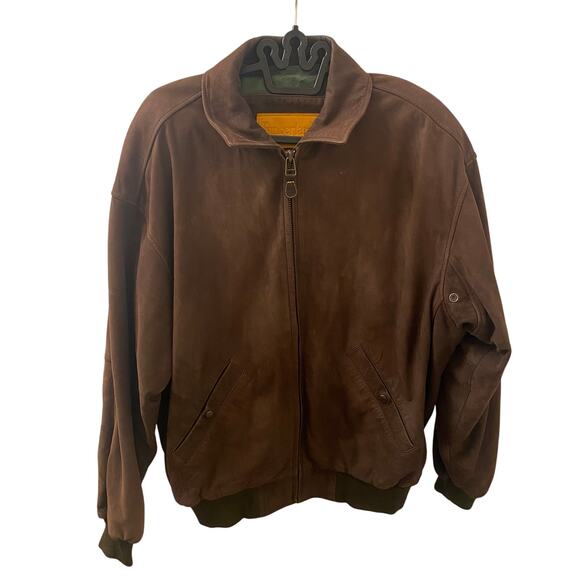 90s Vintage Timberland Dark Brown Cowhide Leather Bomber Jacket Size Large - Picture 1 of 8